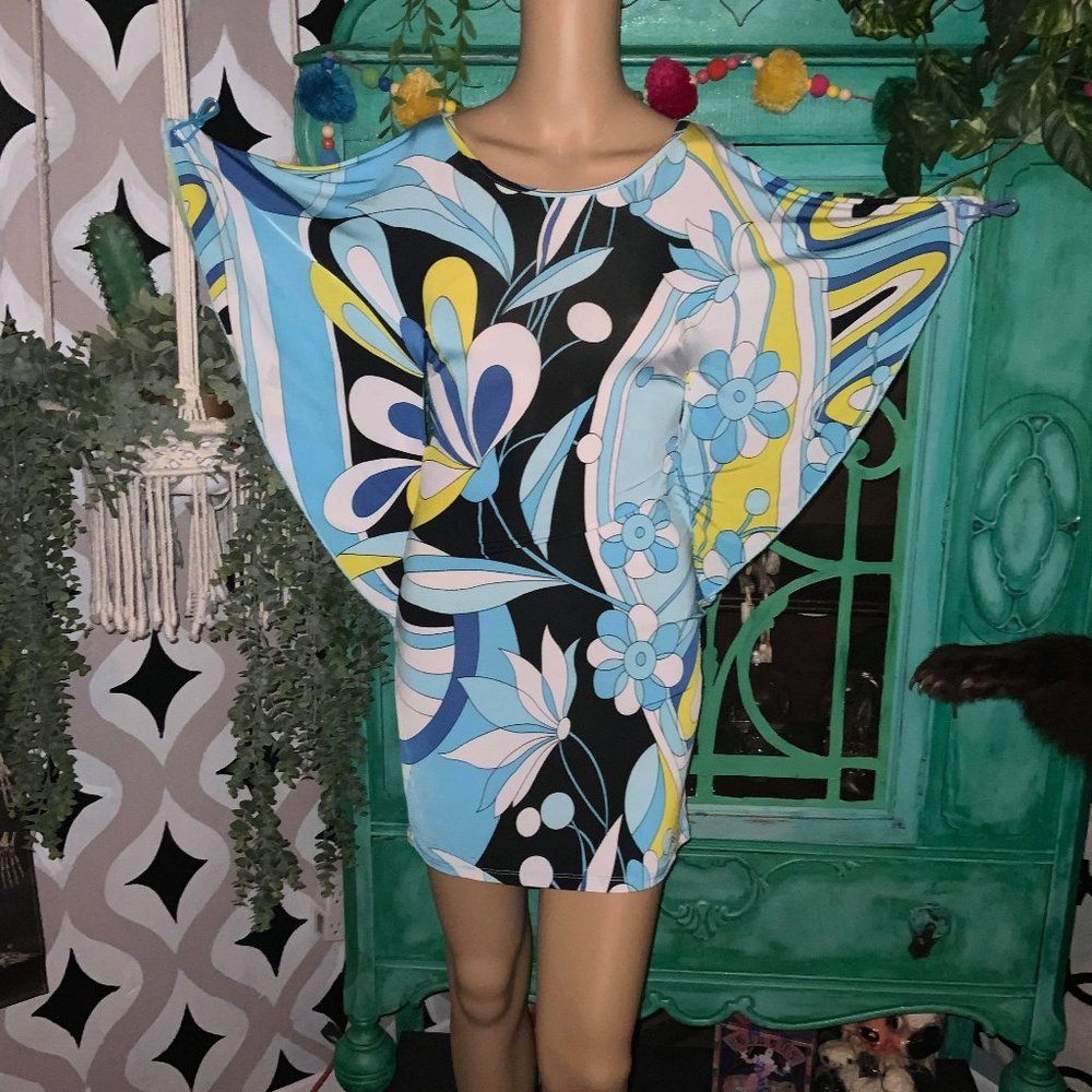 1960s print Blue and White Spandex dress